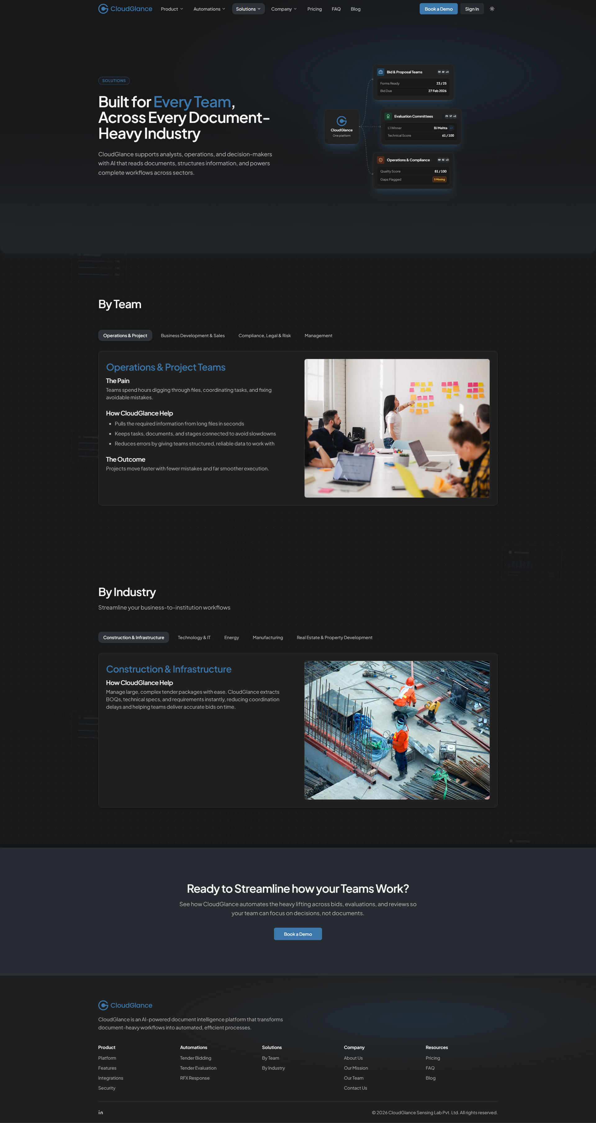 CloudGlance Solutions page - full page, top to bottom